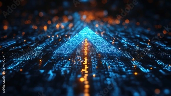 Obraz Digital arrow pointing upwards shaped by vibrant blue matrix binary code. With pixelated motifs emerging from behind