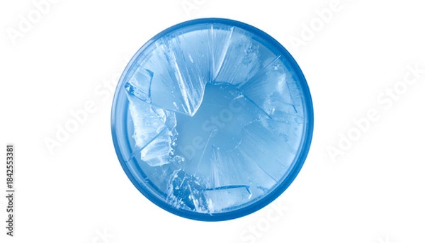 Obraz Overhead view of shattered, translucent blue glass within a circular frame, against black background