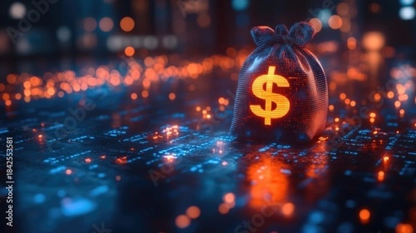 Obraz Digital blue money bag with a dollar $ icon with binary code, ai financial transactions, fraud detection algorithms