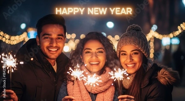 Fototapeta Three cheerful friends bundled in winter clothing hold sparklers and smile brightly under warm festive string lights at night.