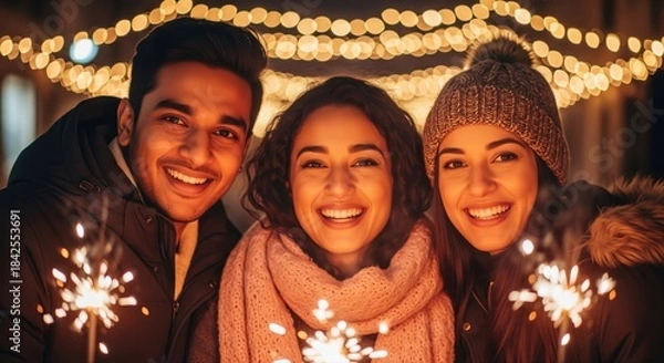 Fototapeta Three cheerful friends bundled in winter clothing hold sparklers and smile brightly under warm festive string lights at night.