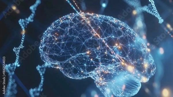 Obraz Digital brain and dna strands representing the connection between genetics and cognitive function