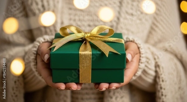 Fototapeta Close‑up of hands in a cozy sweater gently holding a green gift box wrapped with a shiny golden ribbon and warm festive lights in the background.