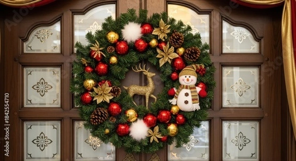 Fototapeta A festive Christmas wreath made of pinecones, red berries, nuts, and greenery hangs neatly on a green front door.