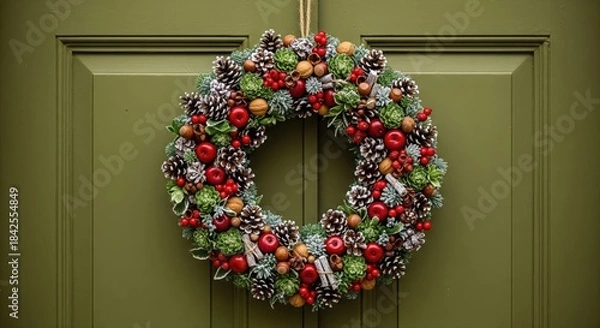 Fototapeta A festive Christmas wreath made of pinecones, red berries, nuts, and greenery hangs neatly on a green front door.