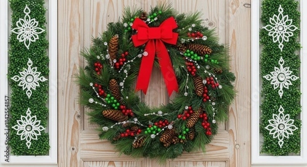 Fototapeta A festive Christmas wreath made of pinecones, red berries, nuts, and greenery hangs neatly on a green front door.