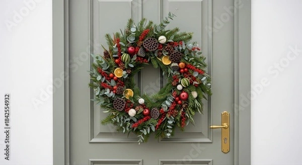 Fototapeta A festive Christmas wreath made of pinecones, red berries, nuts, and greenery hangs neatly on a green front door.