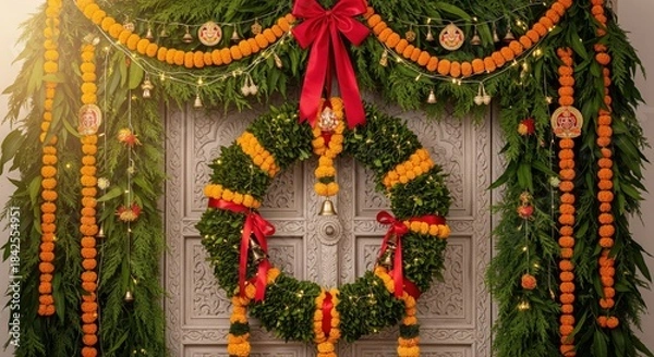 Fototapeta A festive Christmas wreath made of pinecones, red berries, nuts, and greenery hangs neatly on a green front door.