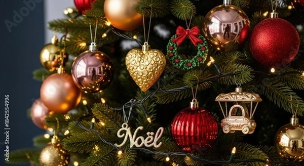 Fototapeta Close‑up of a decorated Christmas tree with shiny red and gold baubles, a golden heart ornament, festive wreath, and a “Noël” sign glowing among fairy lights.