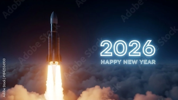 Obraz Vibrant digital art showing a space launch with intense fire and smoke, paired with a celebratory New Year 2026 message