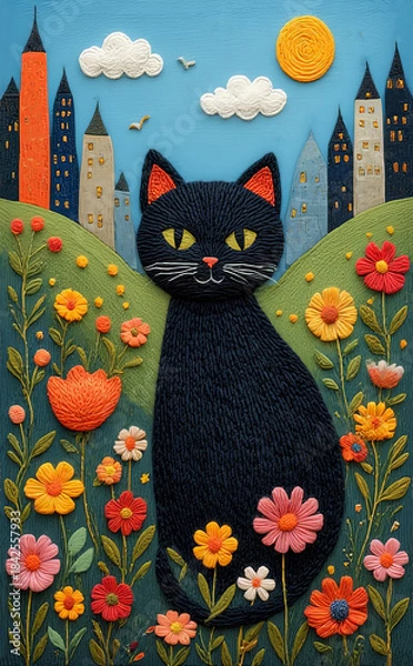 Fototapeta Black Cat Portrait in Flower Field Textured Art Style Illustration with Green Hills, Sunny Yellow Sky, Fluffy Clouds, Soaring Birds, and Colorful City Skyline of Tall Towers