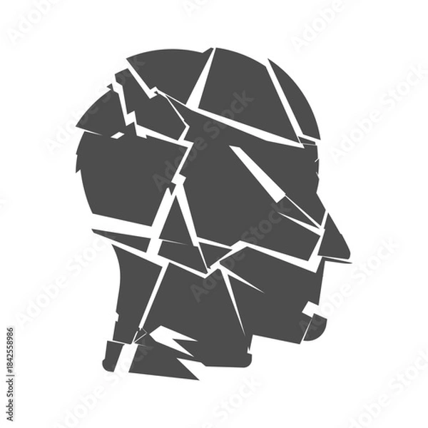 Fototapeta Broken head silhouette symbolizing mental health struggles. Symbol for PTSD, Alzheimer’s disease, depression, stress, confusion, trauma, and emotional problems. Shattered man. Vector illustration. 