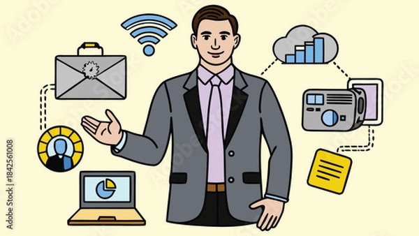 Fototapeta Businessman demonstrating digital business management and technology integration isolated on transparent background, Vector