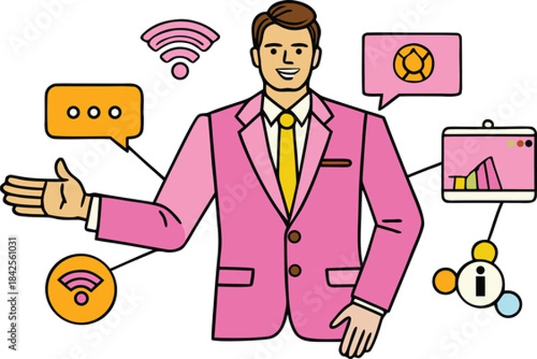 Fototapeta Man presenting interconnected business and technology concepts illustration isolated on transparent background, Vector