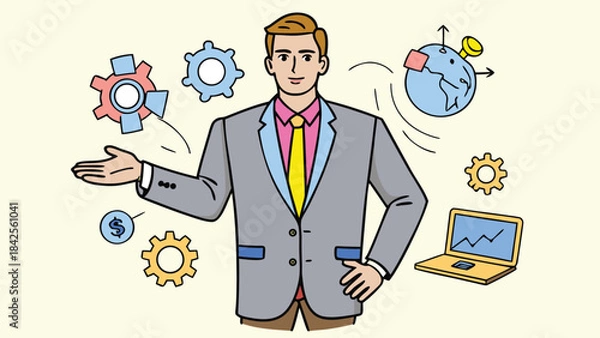 Fototapeta A professional businessman presenting business concepts like global strategy and finance isolated on transparent background, Vector