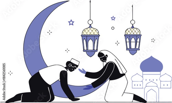 Fototapeta Islamic couple kneeling in prayer with a crescent moon and mosque illustration isolated on transparent background, Vector
