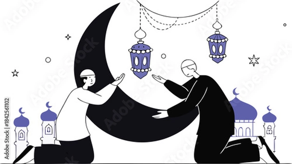 Fototapeta Illustrative depiction of two muslim men kneeling in prayer and supplication during a festive occasion isolated on transparent background, Vector