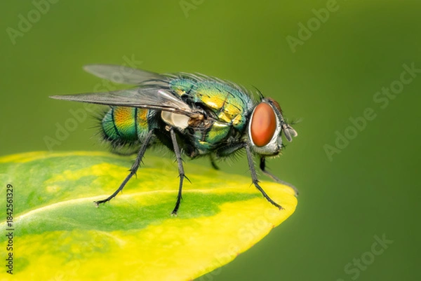 Fototapeta Closeup on a green bottle fly resting on a yellow and green leaf under a blurred background