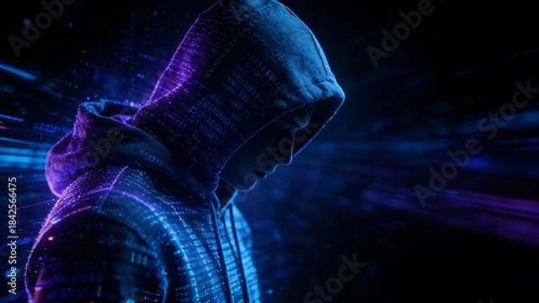 Obraz Cyberpunk dark web hacker, neon code surrounded hoodie hacker