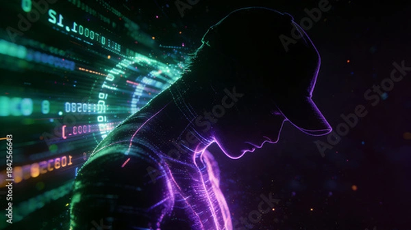 Fototapeta Cyberpunk dark web hacker, neon code surrounded hoodie hacker