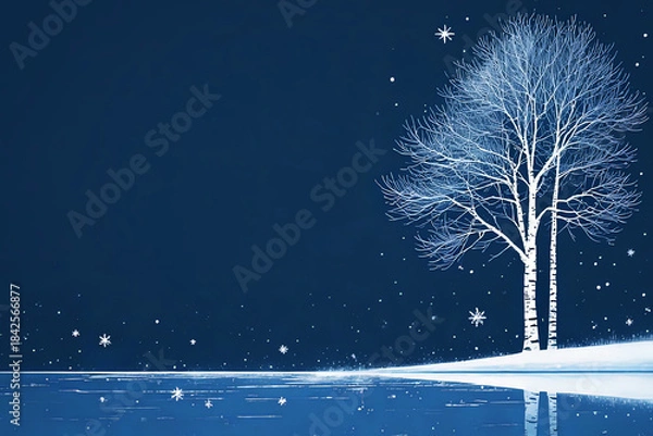 Fototapeta Winter Birch Tree Silhouette on Snowy Shore: White Branches Reflected in Icy Blue Lake Under Starry Midnight Sky with Gentle Falling Snowflakes