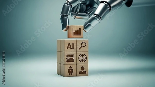 Fototapeta Robot placing a block on top of a stack of wooden blocks with ai and data analysis symbols