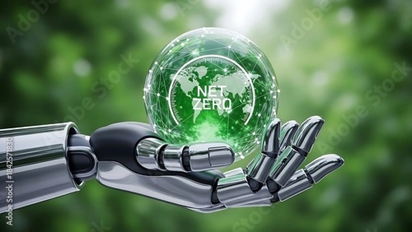 Fototapeta A futuristic robotic hand cradles a glowing green orb with circuit patterns in a serene natural setting with blurred foliage background