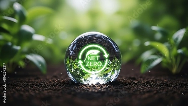 Fototapeta A crystal ball with a green iso 14001 logo on a natural background with plants and soil symbolizing environmental management and sustainability