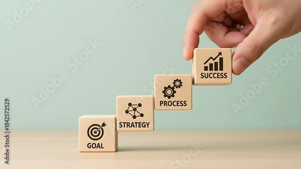 Fototapeta Business strategy and planning concept with wooden blocks and hand