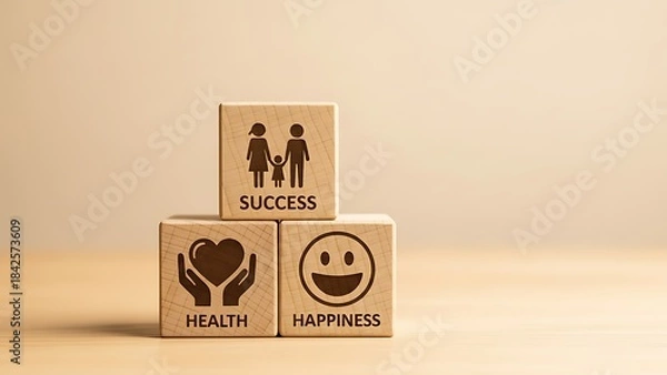 Fototapeta Wooden blocks representing success health and happiness in a symbolic display