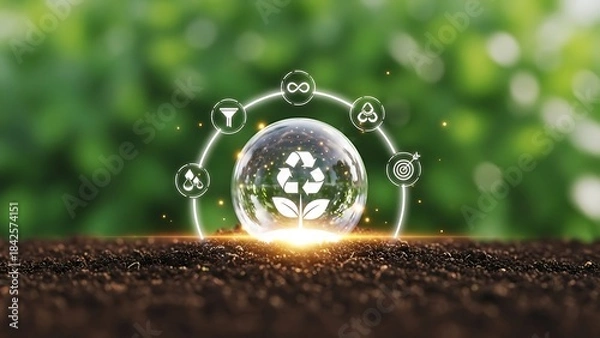 Fototapeta Eco friendly globe with water droplets and greenery in background representing sustainability and environmental conservation