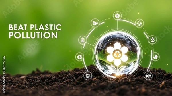 Fototapeta Sustainable earth concept with flower in glass globe on soil with beat plastic pollution slogan in green background