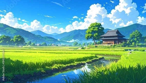 Obraz Anime lofi style japanese ricefield with nature landscape