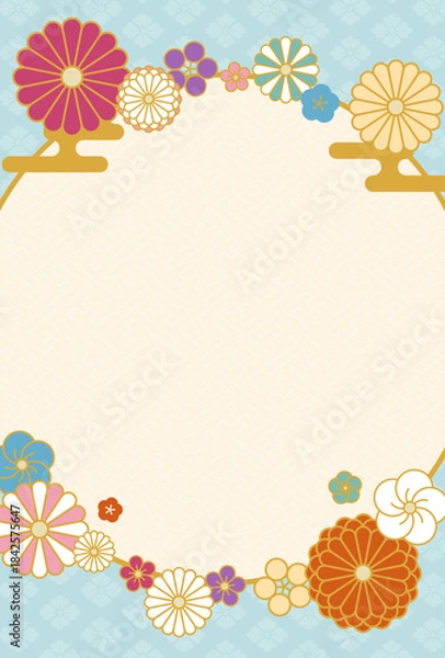 Obraz カラフルな花と和柄の背景フレームイラスト　縦