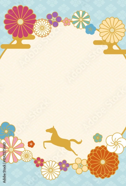 Obraz カラフルな花と馬の年賀状テンプレート2026　縦