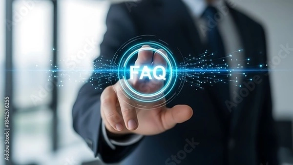 Fototapeta Businessman interacting with a futuristic faq interface in a modern office setting with a blurred background