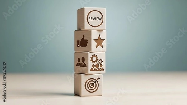 Fototapeta Wooden blocks with various logos and symbols stacked vertically on a table against a light blue background for business or marketing concepts