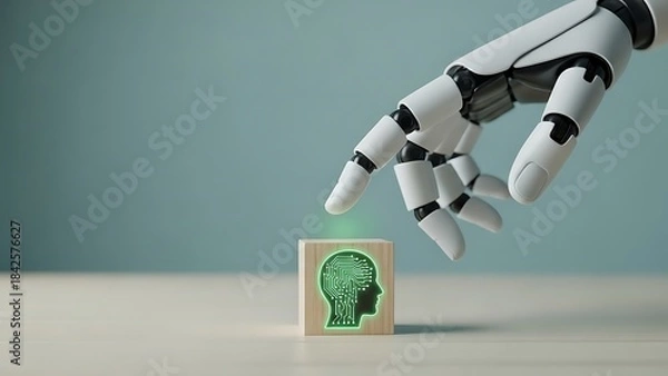 Fototapeta Robotic hand interacting with a green lit cube on a minimalist background with blue wall