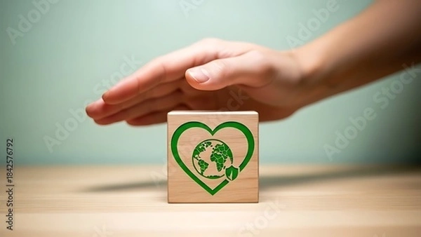 Fototapeta A hand gently placing a wooden block with a green heart and peace sign on a light brown surface indoors