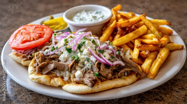 Obraz greek gyros plate with pita and tzatziki on a mediterranean feast table