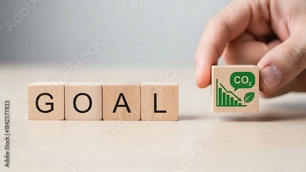 Fototapeta Hand placing co2 block on goal concept for environmental targets and sustainability