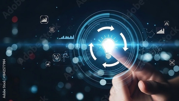 Fototapeta A futuristic hand interacting with a glowing blue circular interface with arrows and lights on a dark background with bokeh effects