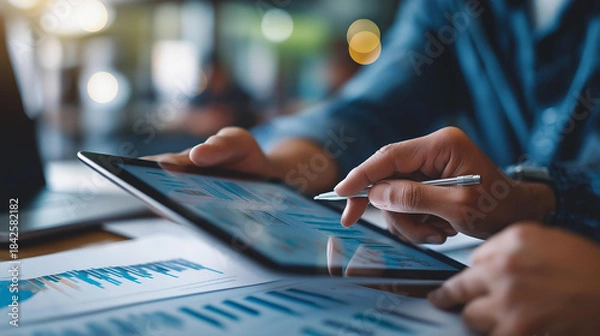 Obraz Faceless financial advisor showing information on tablet to client, digital wealth management presentation, technology-enabled investment consultation, portfolio review session, defocused