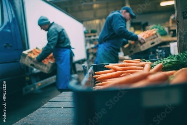 Obraz Delivery Truck Unloading Vegetables and Fruits