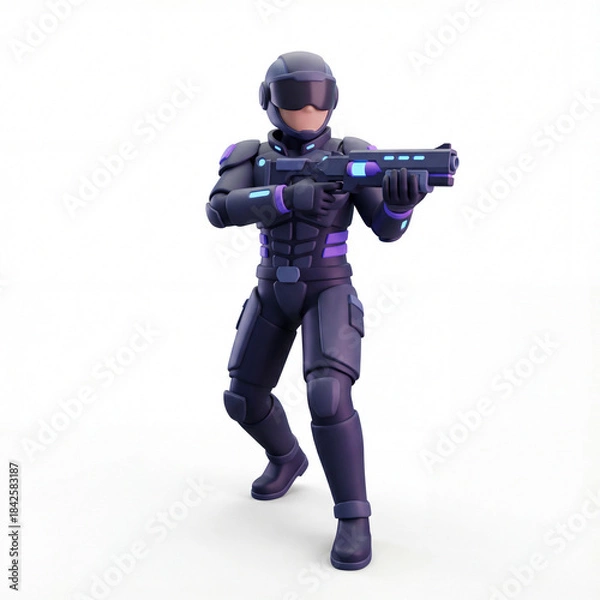 Fototapeta Cyberpunk police officer 3d icon illustration isolated on white background. Futuristic law enforcement figure for urban security and technological authority concept