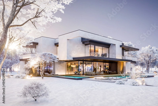 Obraz 3d rendering of two-story house with parking and pool for sale or rent with concrete facade and beautiful landscaping on background. Cool winter day with shiny white snow
