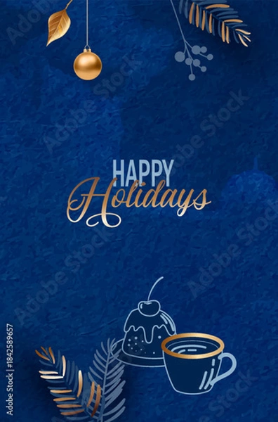 Fototapeta Happy holidays banner with coffee cup, dessert and golden decor. Line art graphic elements on dark blue watercolor background with paper texture