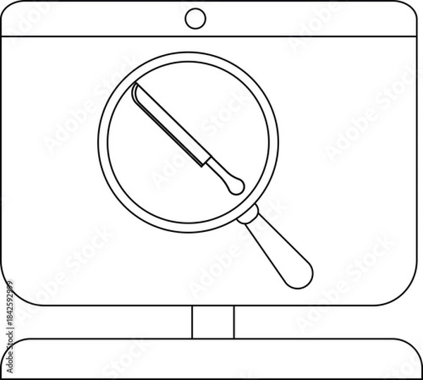 Fototapeta Stylish computer monitor with a magnifying glass and a knife icon for search and analysis.