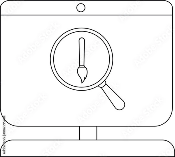 Fototapeta Creative digital art concept with magnifying glass and paintbrush on computer screen.