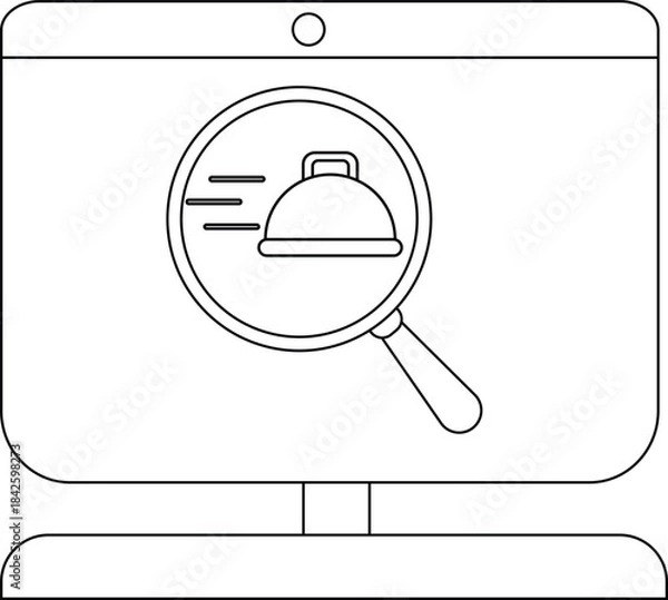 Fototapeta Online food delivery search concept with a magnifying glass and dish on a screen.